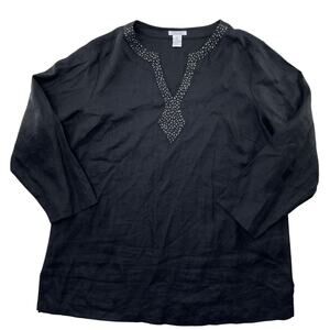 Gillian Grey Top Womens Plus 1X Black Beaded Split Neckline 100% Linen Tunic